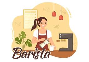 barista ilustración con vistiendo en pie delantal haciendo café para cliente en plano dibujos animados mano dibujado aterrizaje página o web bandera modelo vector