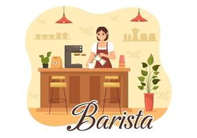 barista ilustración con vistiendo en pie delantal haciendo café para cliente en plano dibujos animados mano dibujado aterrizaje página o web bandera modelo vector