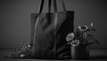 , Realistic black tote canvas fabric bag set-up in at home interior, mug mock up blank. photo