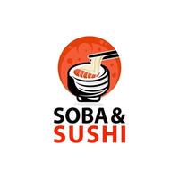 Soba and sushi logo design with salmon sushi japanese food cafe vector