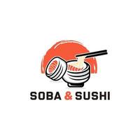 Soba and sushi logo design with salmon sushi japanese food cafe vector