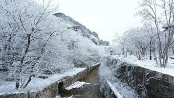 el hermosa congelado montañas ver cubierto por el blanco nieve y hielo en invierno foto