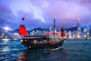 HONG KONG - JUNE 09, 2015- A Chinese traditional junk boa sailing passing famous Hong Kong skyline. JUNE 09, 2015. They provides popular cross harbor tours for tourists. photo