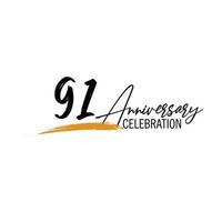 91 year anniversary celebration logo design with black color isolated font and yellow color on white background vector