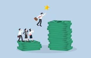 Job promotion, increase in salary to employee who consistently perfom well or produce high quality work, career reward concept, Businessman flying with star balloon to higher pile of banknote. vector