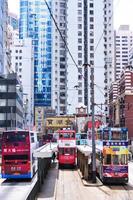 HONG KONG - JUNE 08, 2015-Public transport on the street in Hong Kong. daily travelers use public transport. Trams also a major tourist attraction. photo