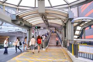 HONG KONG - JUN 12, 2015-Pedestrian overpass downtown or Central-Mid-Levels escalator. it is the longest outdoor escalator in the world. photo