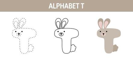 Alphabet T tracing and coloring worksheet for kids vector