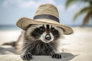 Raccoon in a hat on the beach. . photo