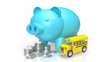 The Blue Piggy bank and School Bus on white Background  3d rendering photo