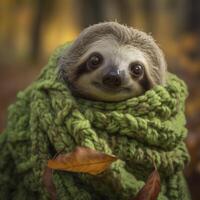 Sloth in a warm scarf. . photo