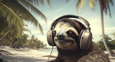 Sloth in headphones. . photo