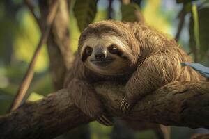 A cute sloth is hanging on a branch. . photo