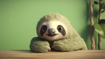 Cute little sloth on green background. . photo