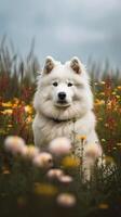 dog of the Samoyed breed sits against the background of a blooming meadow. Happy dog. photo