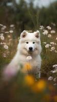 perro de el Samoyedo raza se sienta en contra el antecedentes de un floreciente prado. contento perro. generativo ai foto