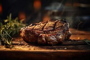 Grilled ribeye beef steak served on wooden board with rosemary, grilled garlic, fork and knife on wooden table. . photo