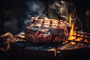 Grilled ribeye beef steak served on wooden board with rosemary, grilled garlic, fork and knife on wooden table. . photo
