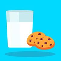 Glass of milk and cookies with chocolate chips on a blue background. Icon, sticker, banner. vector