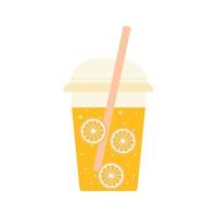 Transparent yellow cup with lid and straw with orange lemonade with sliced oranges and bubbles. Icon, sticker, banner. vector