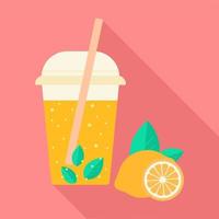 Transparent yellow cup with lid and straw with orange lemonade with mint and bubbles. Icon, sticker, banner. vector