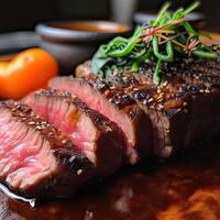 jugoso medio carne de vaca costilla ojo filete rebanadas en un pan en un de madera tablero con un tenedor y cuchillo hierbas especias y sal. A la parrilla carne de vaca filetes con especias en de madera corte tablero. generativo ai foto