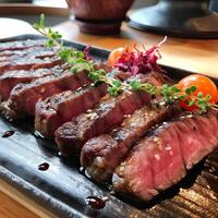 jugoso medio carne de vaca costilla ojo filete rebanadas en un pan en un de madera tablero con un tenedor y cuchillo hierbas especias y sal. A la parrilla carne de vaca filetes con especias en de madera corte tablero. generativo ai foto