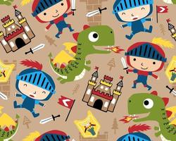 Seamless pattern vector of  little knight cartoon with funny dragon and castle. Fairytale element cartoon