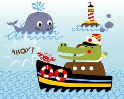 Vector illustration of crocodile with crab on boat, smiling whale and lighthouse