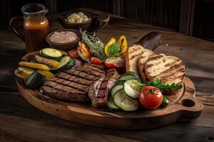 Grilled chicken breast, fillet, steak and fresh vegetable salad, top view, copy space. Healthy keto, ketogenic lunch menu with chicken meat and organic veggies and greens. photo