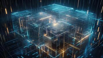 Futuristic technology for processing information analysis and sorting big data, two big databases, sharing and structuring information in digital space, . photo