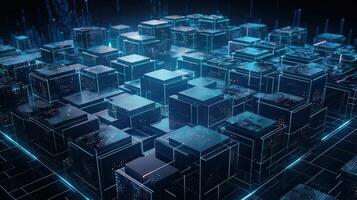 Futuristic technology for processing information analysis and sorting big data, two big databases, sharing and structuring information in digital space, . photo