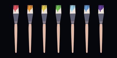 Flat vector painting tools in childish style. Hand drawn art supplies, brushes with multicolored paint