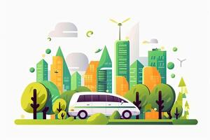 verde ecología ciudad con ambiente coche. salvar el mundo y energía concepto. ilustración en plano estilo moderno diseño. generativo ai. foto