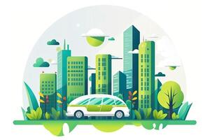 verde ecología ciudad con ambiente coche. salvar el mundo y energía concepto. ilustración en plano estilo moderno diseño. generativo ai. foto
