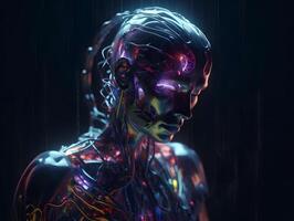 surreal human with transparent brain connected with neuralink chip cyberpunk style, photo