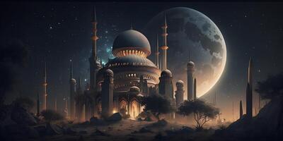Magnificent Mosque Illuminated by Moonlight during full moon, photo