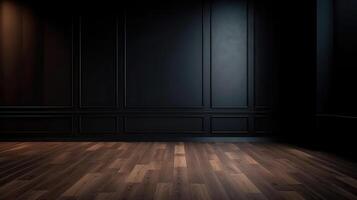 Classic black empty interior with wall panels, moldings and wooden floor. . photo