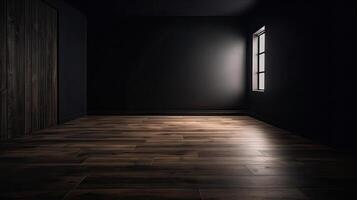 Classic black empty interior with wall panels, moldings and wooden floor. . photo