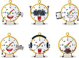 Compass cartoon character are playing games with various cute emoticons vector