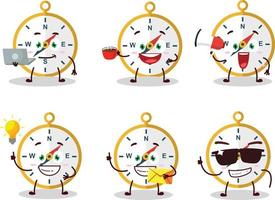 Compass cartoon character with various types of business emoticons vector