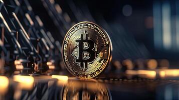 Gold coin Bitcoin on a black background. The concept of crypto currency. Blockchain technology. Mixed media. . photo