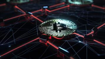 Gold coin Bitcoin on a black background. The concept of crypto currency. Blockchain technology. Mixed media. . photo