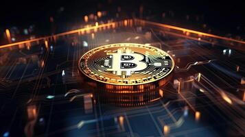 Gold coin Bitcoin on a black background. The concept of crypto currency. Blockchain technology. Mixed media. . photo