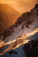 escénico imagen de montañas durante puesta de sol. increíble naturaleza paisaje de dolomitas Alpes. viajar, aventura, concepto imagen. maravilloso natural antecedentes. generativo ai. foto