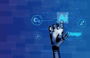 Hand model finger Ai robot artificial intelligence touch screen chatbot gpt smart technology electric software robot industry digital person people group future network copy space photo