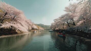 Tourists rowing boats on a lake under beautiful cherry blossom trees. . photo