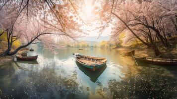 Tourists rowing boats on a lake under beautiful cherry blossom trees. . photo