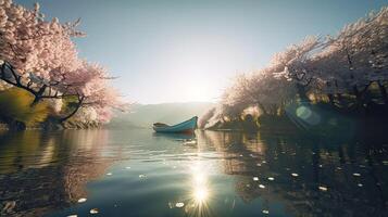 turistas remo barcos en un lago debajo hermosa Cereza florecer arboles generativo ai. foto