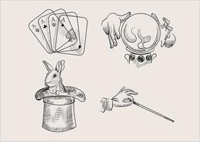 Hand drawn sketch set of magician attributes. vector